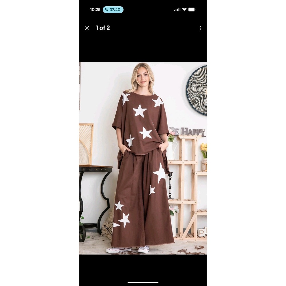 Blue Velvet Star Patch Top‎ & Pants Set in Brown Small Boho